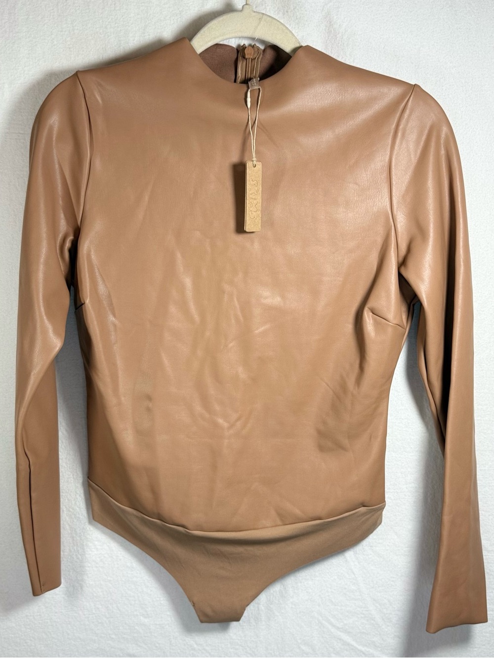 Women's Faux Leather Long-Sleeve Bodysuit in Camel
